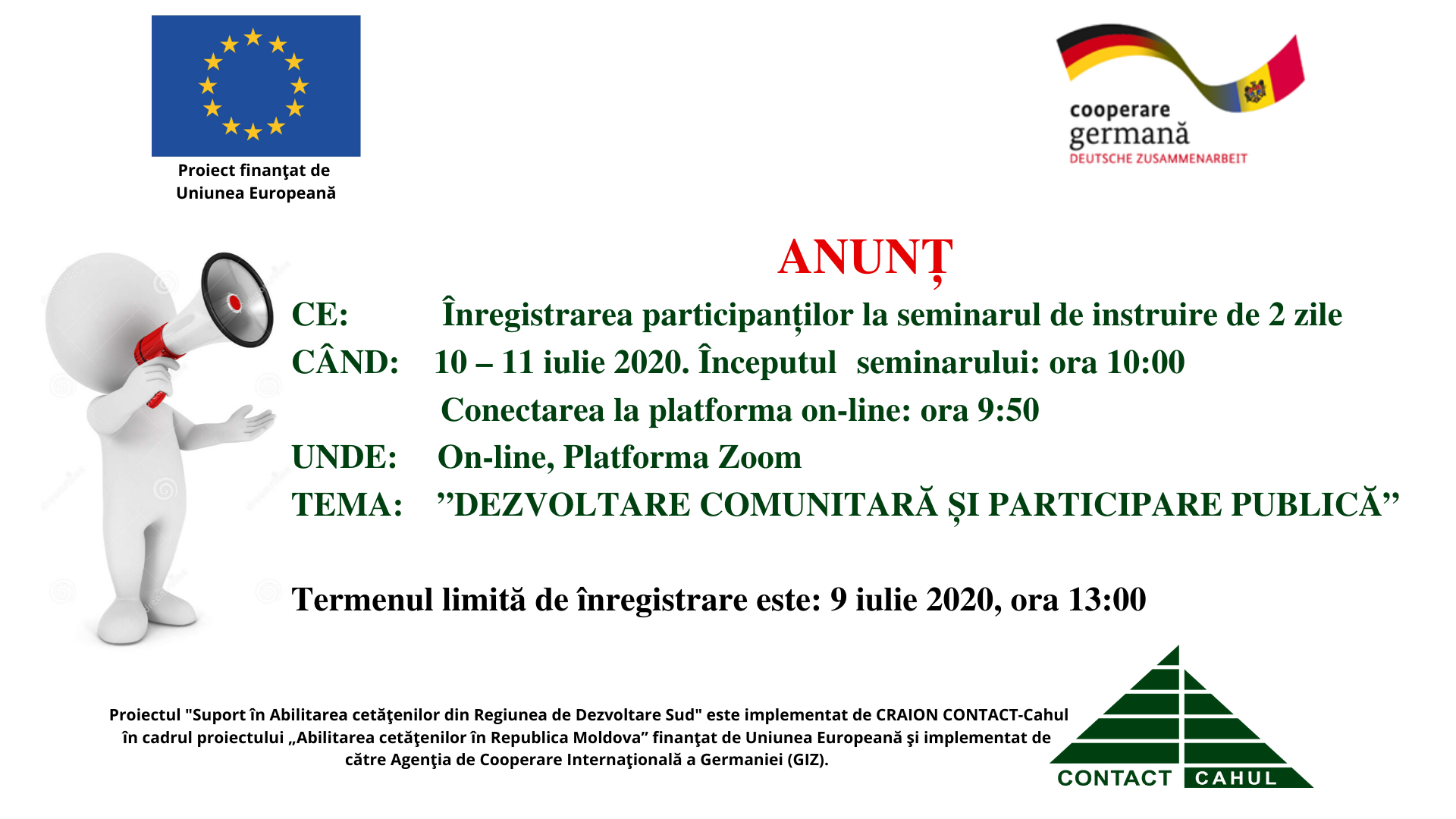Centrul CONTACT-Cahul anunță înregistrarea participanților la seminarul de instruire de 2 zile ONLINE