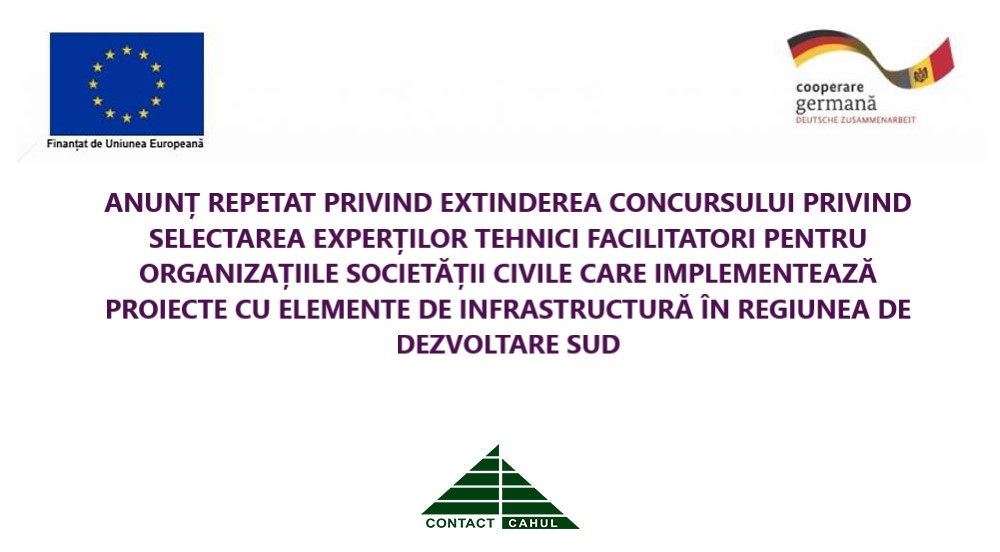 UE // Anunț repetat privind extinderea Concursului PRIVIND SELECTAREA EXPERȚILOR TEHNICI FACILITATORI PENTRU ORGANIZAȚIILE SOCIETĂȚII CIVILE CARE IMPLEMENTEAZĂ PROIECTE CU ELEMENTE DE INFRASTRUCTURĂ ÎN REGIUNEA DE DEZVOLTARE SUD